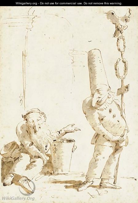 Punchinello as a Roman standard-bearer recognising the blind Belisarius seated by a brazier - Giovanni Battista Tiepolo