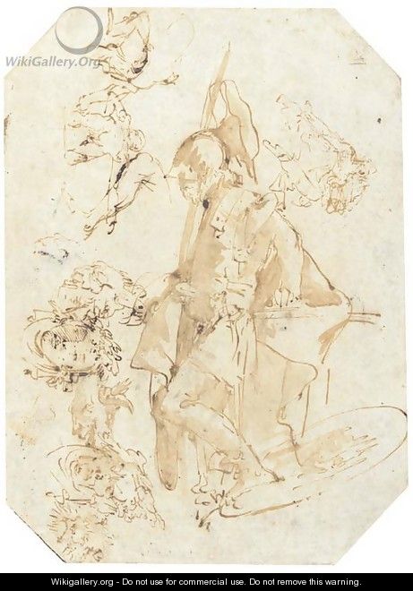A standing soldier, with studies of heads and figures seen di sotto in su - Giovanni Battista Tiepolo