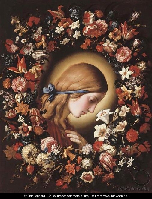 The Virgin Annunciate surrounded by a garland of flowers - Giovanni Battista Salvi, Il Sassoferrato