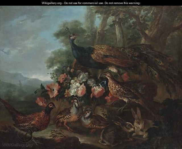 A peacock, pheasants and rabbits in a wooded park - Giovanni Crivelli, Il Crivellino