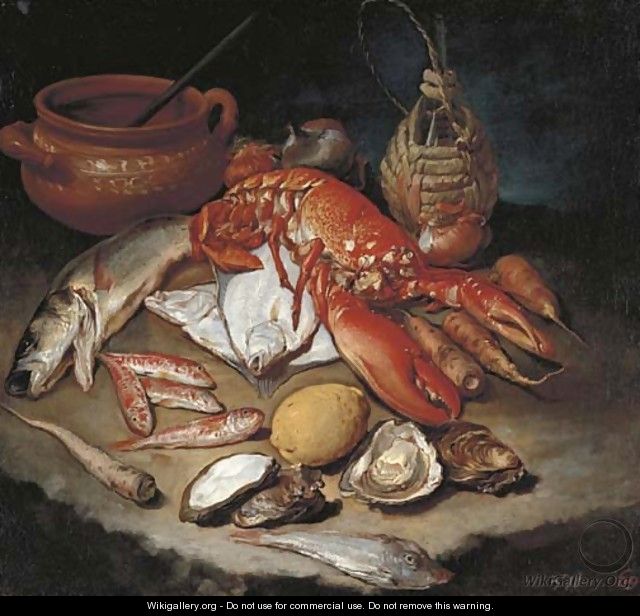 A lobster, herring, turbot, skate, red mullets and oysters with turnips, onions, a lemon, an earthenware pot and a wicker and glass bottle on a stone - Giacomo Ceruti (Il Pitocchetto)