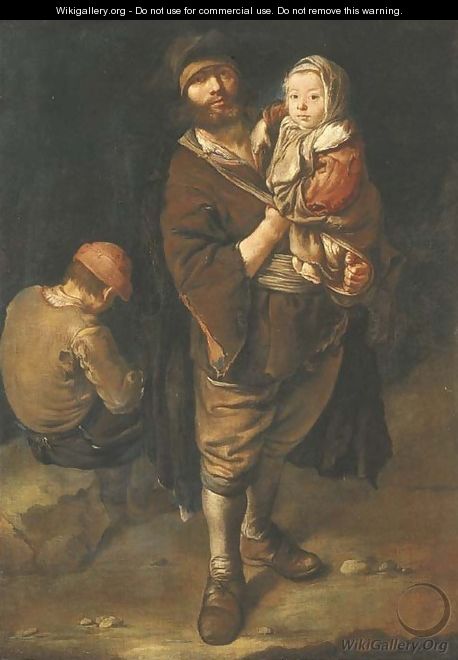 A peasant holding his daughter in his arms, a seated street urchin beyond - Giacomo Ceruti (Il Pitocchetto)