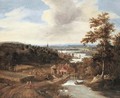 A wooded river landscape with harvesters and travellers on a bridge, a town beyond - Gerrit Van Battem
