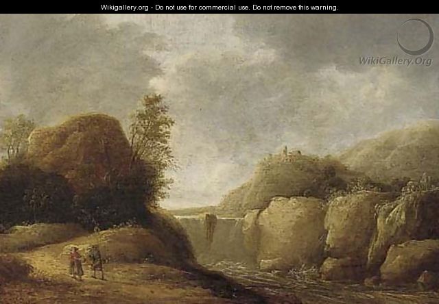 A mountainous landscape with travellers on a path by a waterfall - Gerrit Van Battem