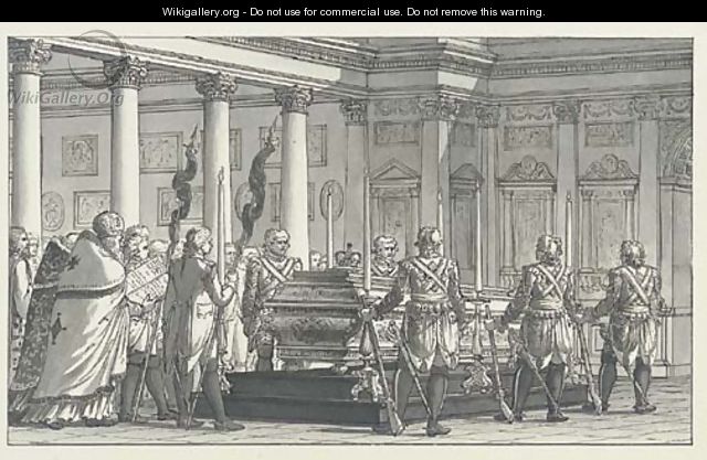 The Lying-in-State of the Emperor Paul I (1796-01), with a guard of honour, in a neoclassical interior - Giacomo Quarenghi