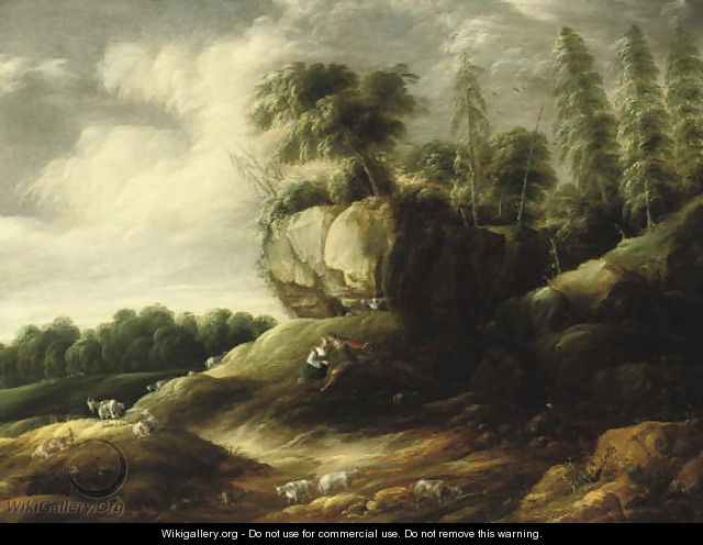 A wooded rocky landscape with a couple tending sheep - Gilles Peeters