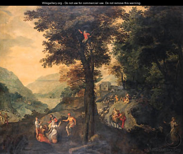 The Flight into Egypt with peasants resting under a tree nearby and a shepherd with his flock on a road beyond, a valley in the distance - Gillis Mostaert