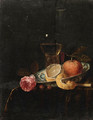 A partly peeled lemon and an orange in a blue and white Wanli 'kraak' porselein dish, a roemer a wineglass and a rose on a draped table - Jacob van Hulsdonck