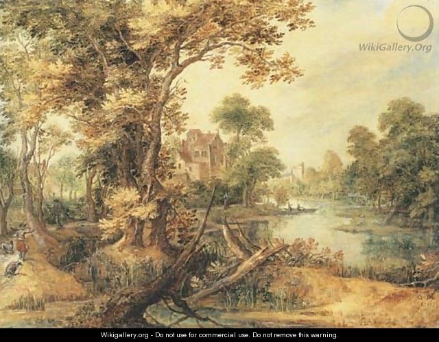 A wooded river landscape with a huntsman on a track, a village beyond - Gillis Claesz. De Hondecoeter