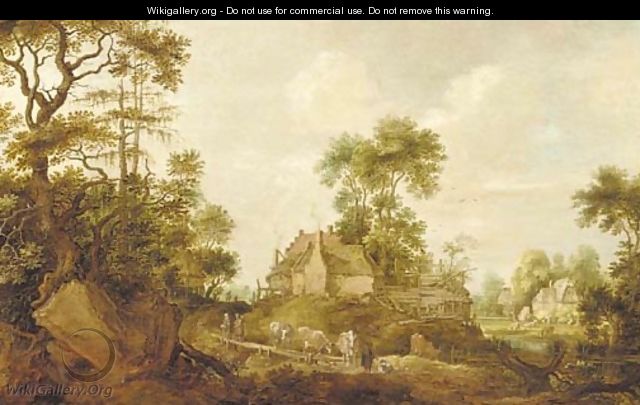 A wooded landscape with a drover and cattle on a track - Gillis Claesz. De Hondecoeter