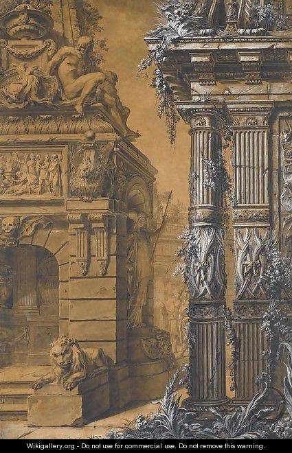 The entrance to a sepulchre with a columned building in the right, two figures in a courtyard in the background - Gilles-Marie Oppenord