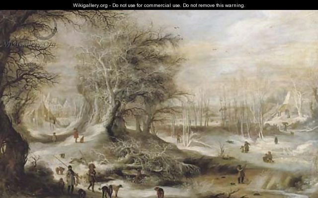 A winter landscape with hunters on a forest track and children playing on a frozen river, villages beyond - Gijsbrecht Leytens