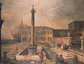 A capriccio of a piazza in front of a palace with the Column of Marcus Aurelius, pilgrims and townsfolk, a domed church beyond - (Giovanni Antonio Canal) Canaletto