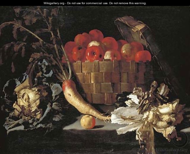 Apples in a wicker basket, with a cabbage, parsnip, lettuce and an apple on a stone ledge - Giuseppe Recco
