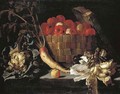 Apples in a wicker basket, with a cabbage, parsnip, lettuce and an apple on a stone ledge - Giuseppe Recco