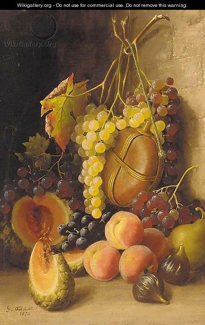Grapes, peaches, figs, a melon and a wine flask against a wall - Giuseppe Falchetti