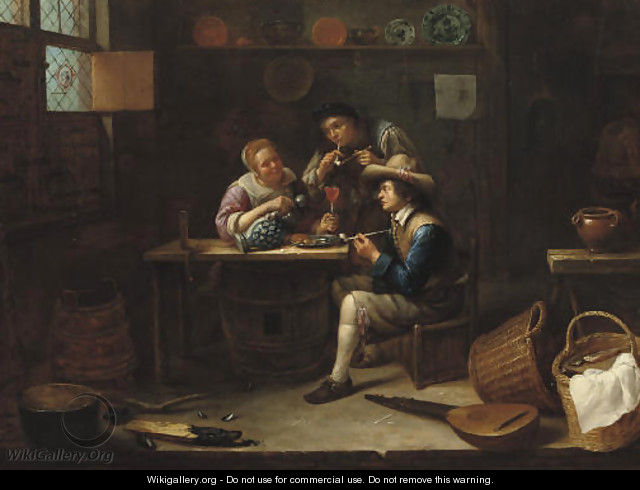 Peasants eating, drinking and smoking in an interior - Gillis Van Tilborgh
