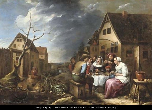 Peasants eating and drinking before an inn - Gillis Van Tilborgh