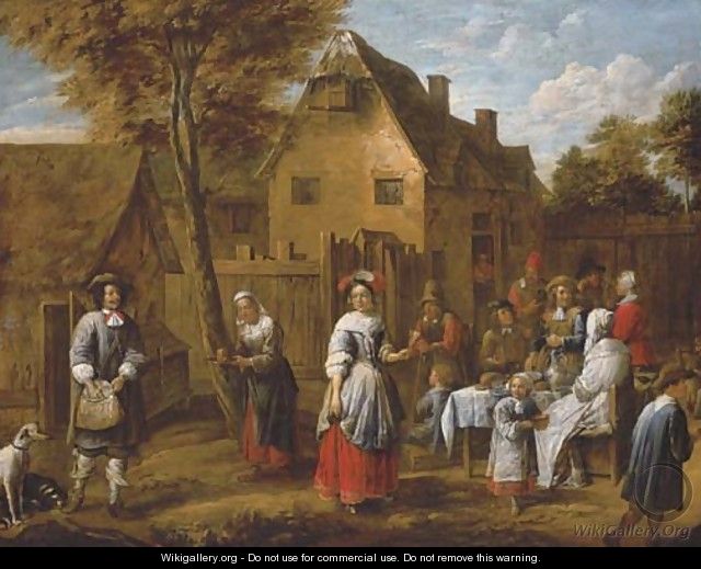 Elegant figures gathering around a table in a courtyard - Gillis van Tilborgh