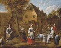 Elegant figures gathering around a table in a courtyard - Gillis van Tilborgh