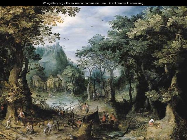 Woodcutters working beside a forest path near a river - Gillis van Coninxloo