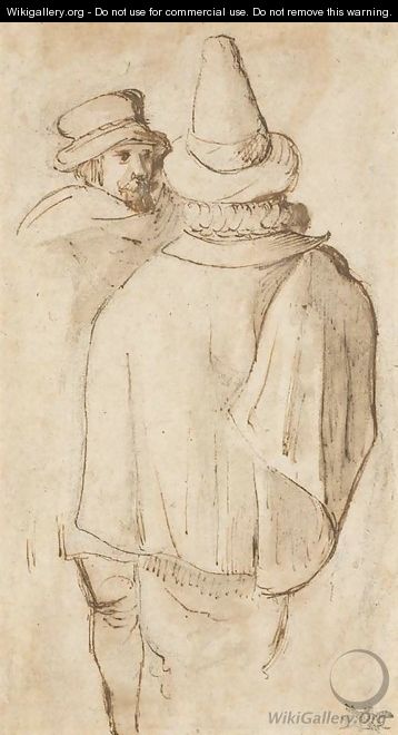 A figure, seen three-quarter-length from behind, in a tall hat and cloak, another man beyond - Gillis van Coninxloo