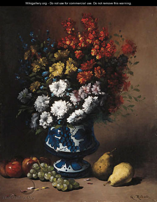 Floral Still Life with Fruit on a Ledge - Theodule Augustine Ribot