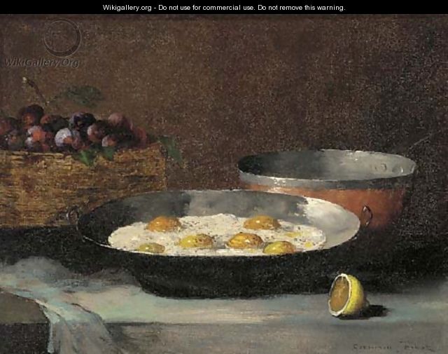 A still life with eggs, plums and a lemon, on a draped ledge - Theodule Augustine Ribot
