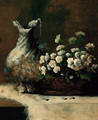 A basket of summer flowers and a waterjug on a table - Theodule Augustine Ribot