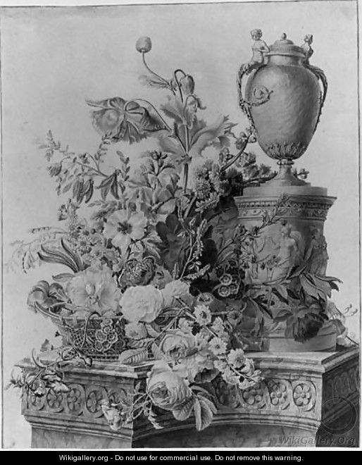 A Still life with Flowers in a Basket by an Urn on stand on a Marble Ledge - Gerard Van Spaendonck