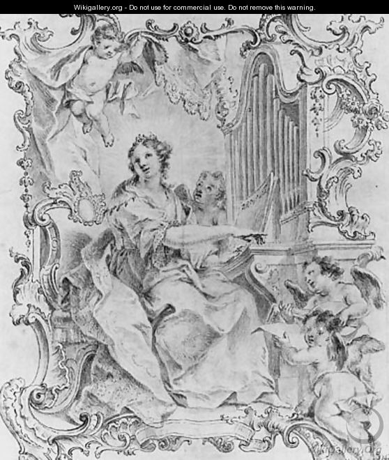 Saint Cecilia playing the Organ, surrounded by ornamental framework and cherubs - German School