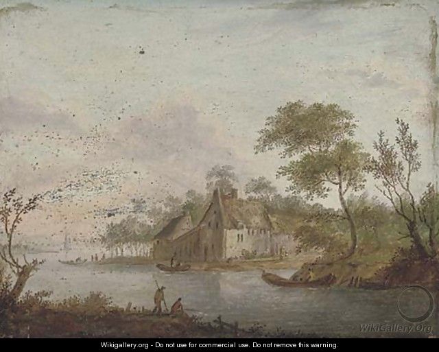 A wooded river landscape with an angler on the river bank, a town beyond - German School