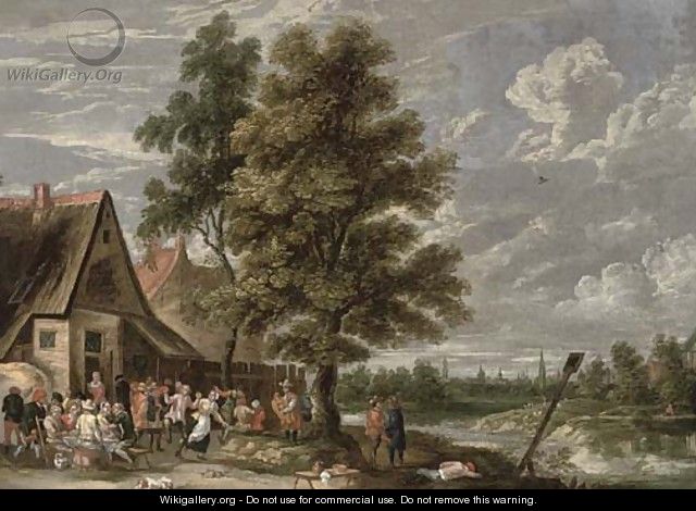 A village with peasants dancing and drinking by an inn - German School