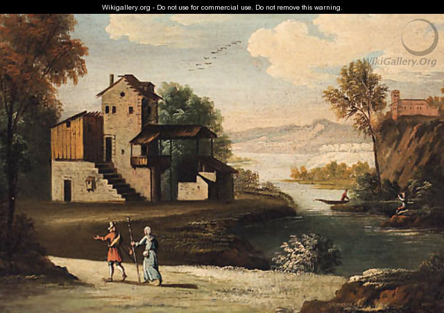 A river landscape with travellers on a track, a farmstead and anglers beyond - German School