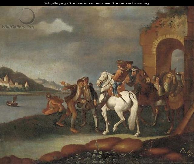 A river landscape with horsemen and other travellers by an arch - German School