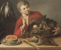 A boy holding a basket of grapes and peaches by a table with partridges and half a melon - German School