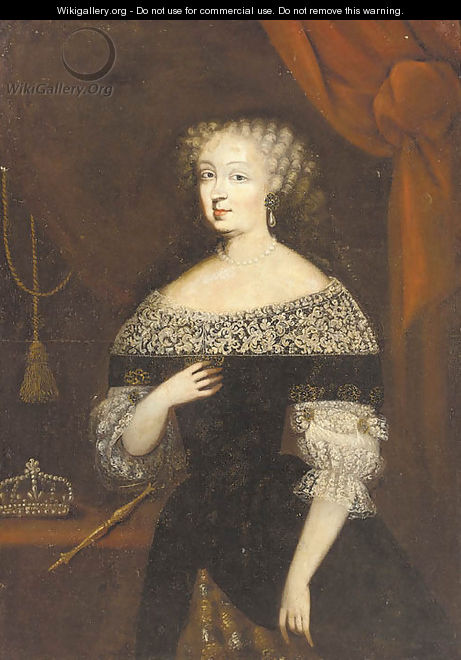 Portrait of a lady, half-length, standing in an interior, wearing a black dress with lace trim - German School