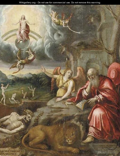 A Landscape With Saint Jerome And The Lion, The Arch Angel Michael And The Last Judgement In The Background - German School