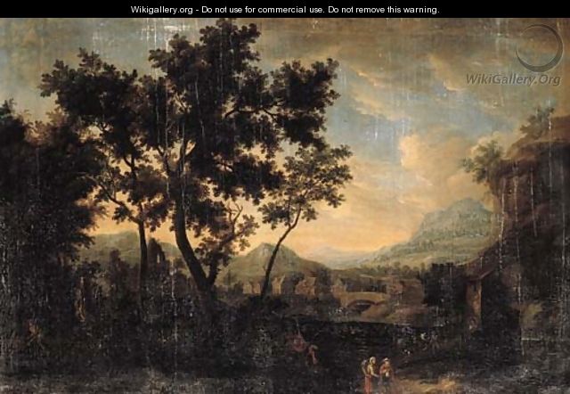Travellers and peasants on a track by the edge of a wood in a landscape - German School
