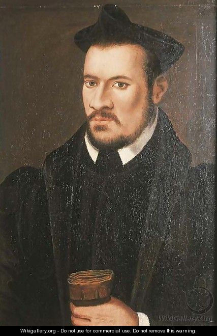 Portrait of a gentleman, half-length, in a black gown and a cap, holding gloves - German School