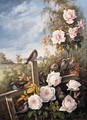 Roses with Sparrows pearched on a Fence in a Landscape - German School