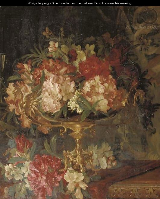 Rhodondendrons in a brass vase on a ledge - German School