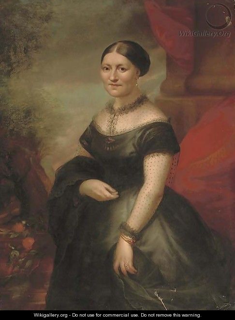 Portrait of a lady, three-quarter-length, in a black dress with lace trim, a red curtain and landscape beyond - German School