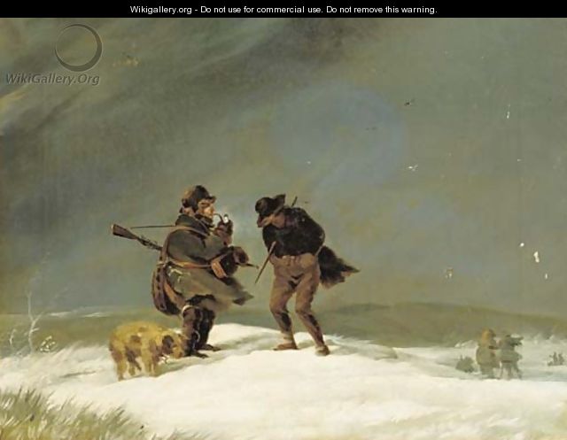 Outpost of a shooting party a sportsman, his dog and a beater in the snow - German School