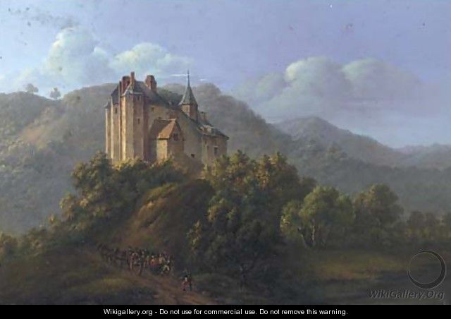 French soldiers before a castle in a Bavarian landscape - German School