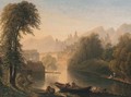 An Italianate river landscape with fishermen with their catch, a town beyond - German School