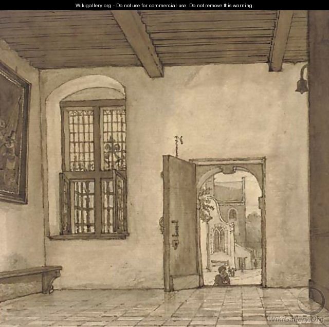 The interior of a house, with an open door showing the street beyond - Gerrit Lamberts