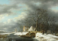 A winter landscape with a woodgatherer crossing a bridge and a peasant in a punter nearby - Gerrit Hendrik Gobell