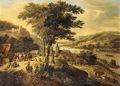 Travellers resting by a tree with peasants dancing to the music of a violinist, cowherds nearby, in a Rhenish landscape - Gerrit Van Battem