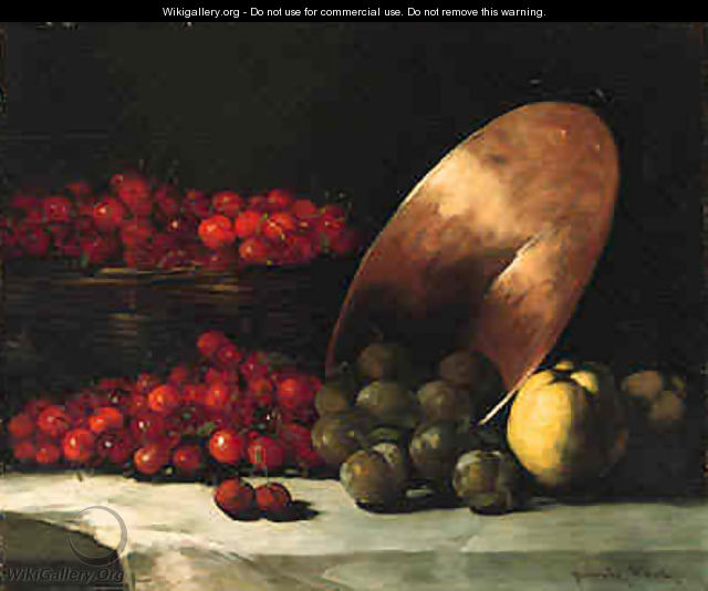 A Still Life with Cherries, Plums and Copper Bowl - Theodule Augustine Ribot